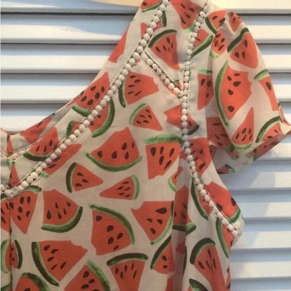 Anthropologie Maeve Picnic Days Watermelon Print Short Sleeve Top Blouse Size 0 - Picture 3 of 8